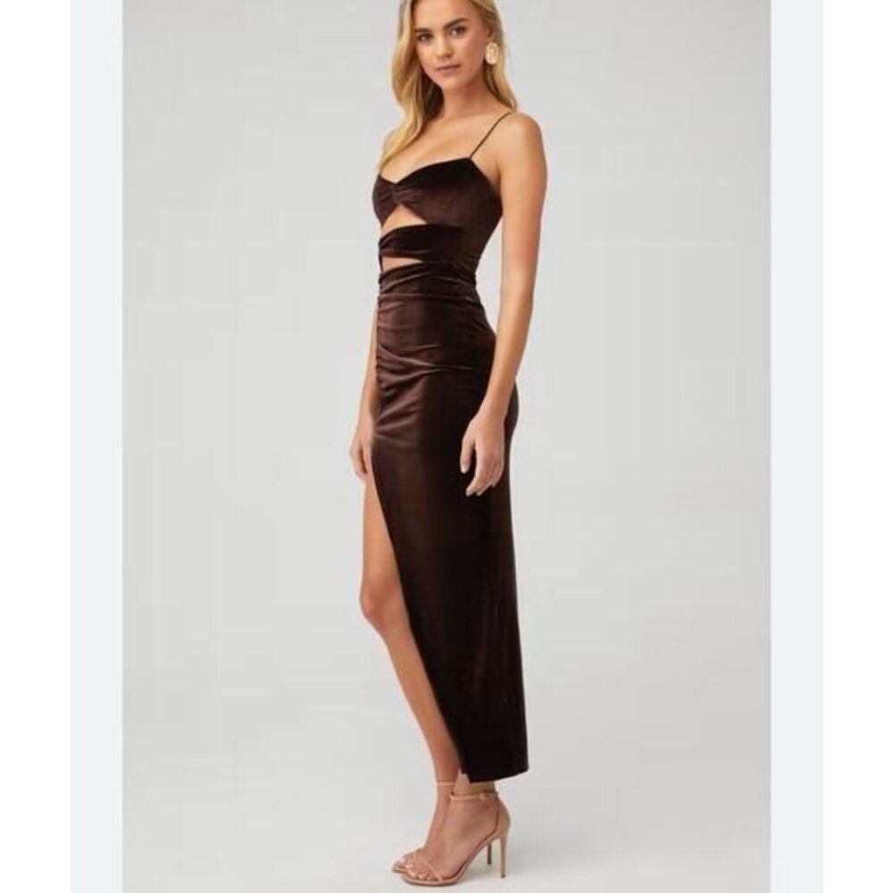 Nookie Verve Velvet Maxi Dress Brown Cutout Slit Long Sleeve Small NWOT